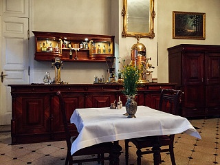 Dining room of the Carska restaurant in Bialowieza, Poland