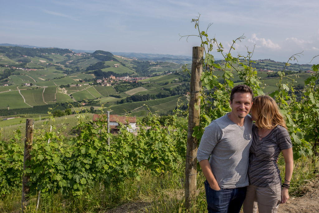 Seamus and Juliana Dever looking at Piedmont's wine country