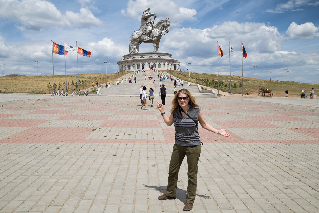 Juliana Dever with Genghis Khan statue in Mongolia
