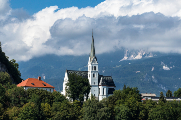 Church and Mountains Lake Bled Slovenia