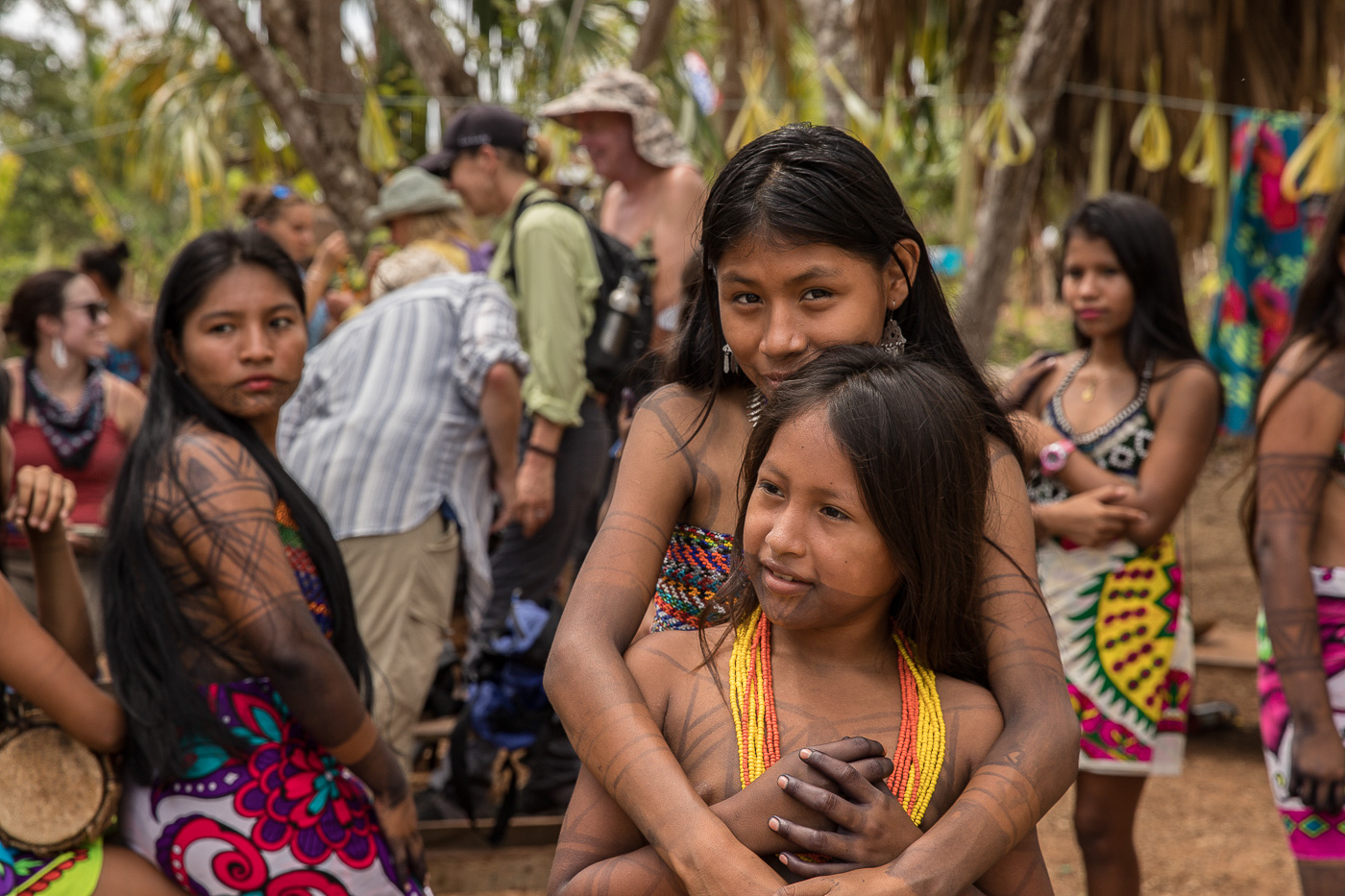 Panama Embera girls hugging 